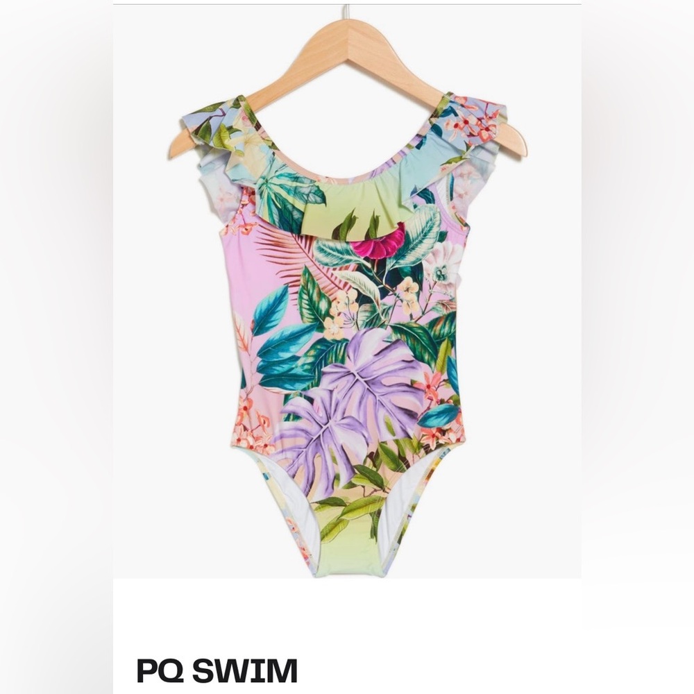 PQ Swim Girls Tropical Floral One-Piece Swimsuit in Pink, Green, Purple Size 12